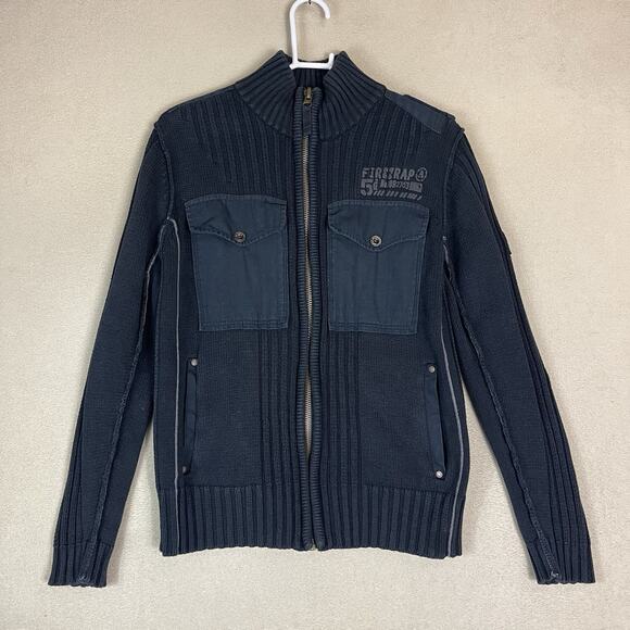 Firetrap Cardigan Mens M Black Knit Full Zip Chest Pockets Slim Fit - Picture 1 of 15
